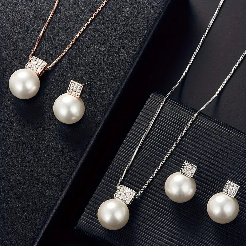 Imitation Pearl Necklace & Earring Set – Square Rhinestone Pendant, 2pcs Gift for Women