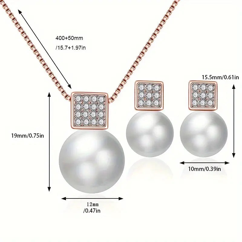 Imitation Pearl Necklace & Earring Set – Square Rhinestone Pendant, 2pcs Gift for Women