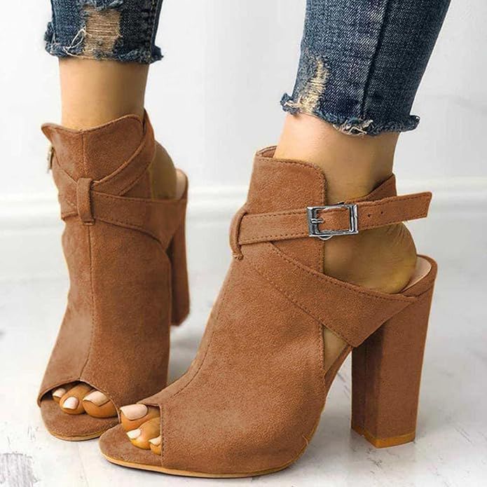 Women’s Chunky Block High Heels – Peep Toe Leather Suede Sandals for Party