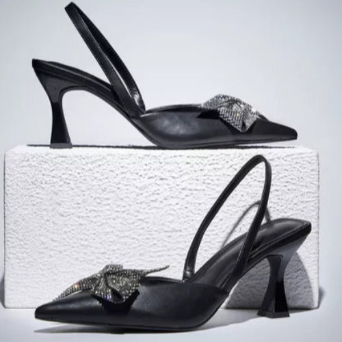 Max Bow Embellished Slingback Pumps – Flared Heels for Women