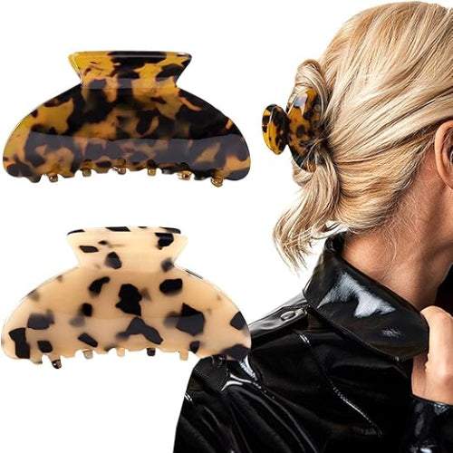 2PCS Tortoise Banana Hair Claw Clips – French Celluloid Barrettes for Women & Girls