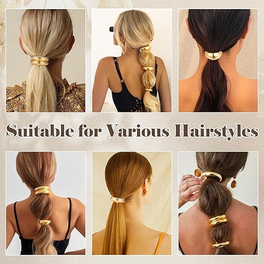 3PCS Metal Hair Ties – Gold & Silver Ponytail Cuffs for Women