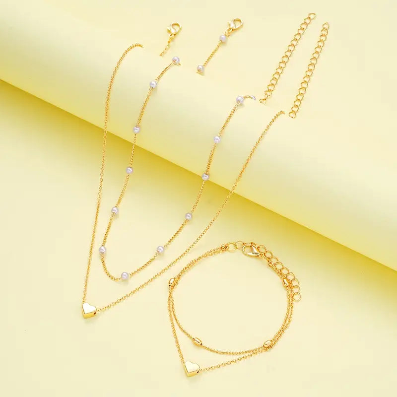 3pcs Heart-Shaped Faux Jewelry Set – Necklace & Bracelets for Women
