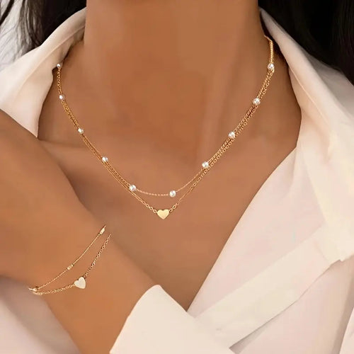 3pcs Heart-Shaped Faux Jewelry Set – Necklace & Bracelets for Women