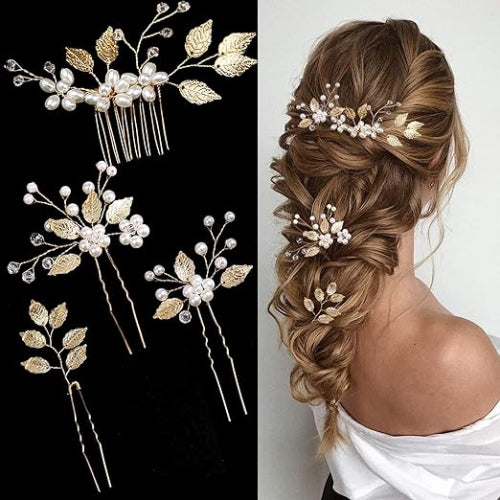 4 Pcs Bridal Hair Pins - Gold U-Shaped Pearl Wedding Clips for Women & Girls