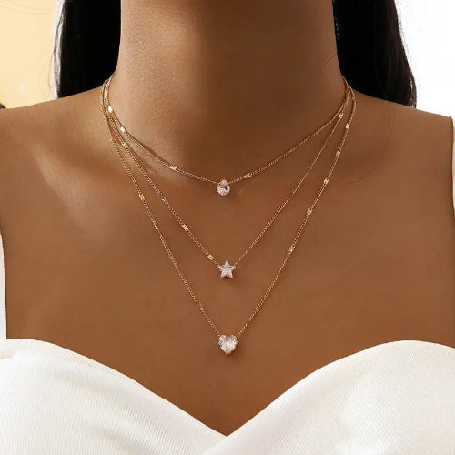 Crystal Zirconia Charm Layered Necklace Set – Heart, Star & Square Pendants for Women
