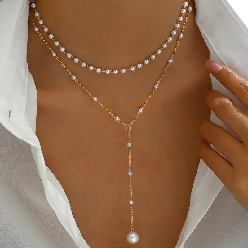 Double Layer Faux Pearl Tassel Necklace – Vintage Style, Adjustable (1pc)