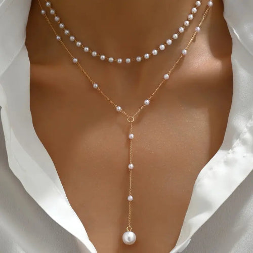 Double Layer Faux Pearl Tassel Necklace – Vintage Style, Adjustable (1pc)