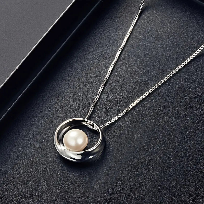 Faux Pearl Necklace & Round Earrings Set – Simple Unisex Jewelry Gift