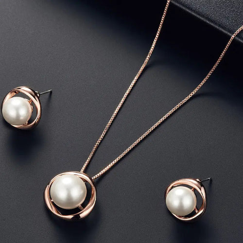 Faux Pearl Necklace & Round Earrings Set – Simple Unisex Jewelry Gift