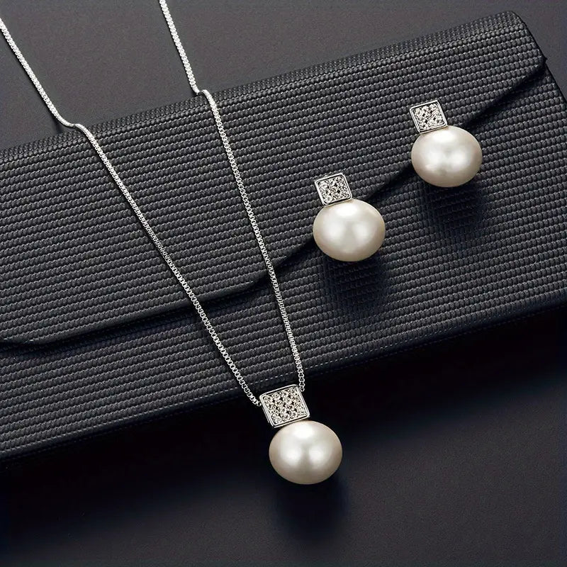 Imitation Pearl Necklace & Earring Set – Square Rhinestone Pendant, 2pcs Gift for Women