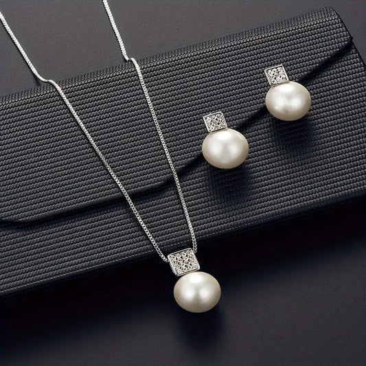 Imitation Pearl Necklace & Earring Set – Square Rhinestone Pendant, 2pcs Gift for Women