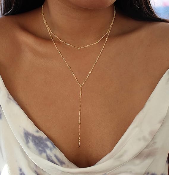 Lariat Gold Necklace for Women – 14K Plated Y-Shaped CZ Pendant Chain