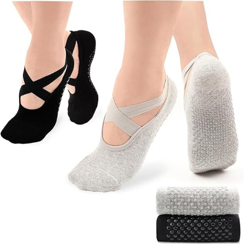 Non-Slip Pilates & Yoga Grip Socks – Cushioned Straps Barre Socks for Women