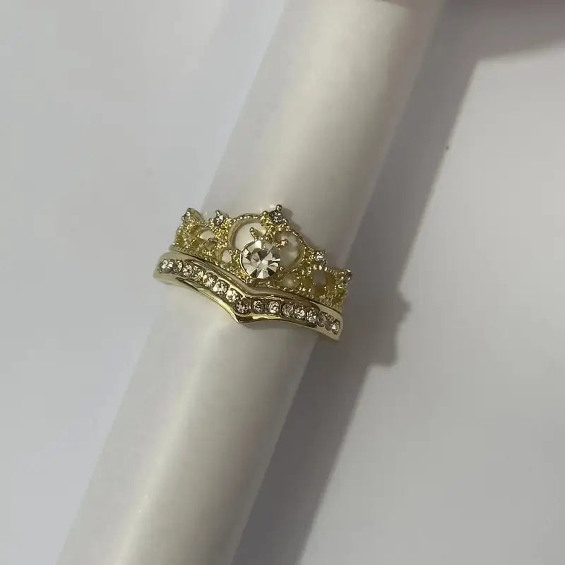 Princess Crown Rhinestone Ring Set – Adjustable 2pcs Cute Jewelry for Women
