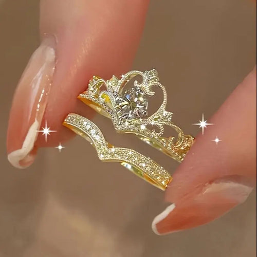 Princess Crown Rhinestone Ring Set – Adjustable 2pcs Cute Jewelry for Women