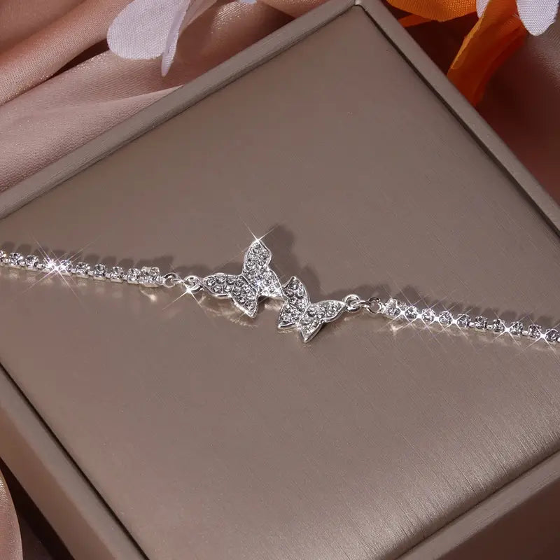 Silvery Butterfly Charm Bracelet – Sparkling Zircons, 1 Piece