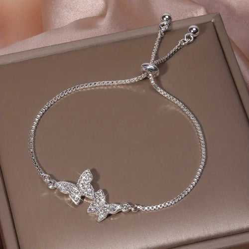 Silvery Butterfly Charm Bracelet – Sparkling Zircons, 1 Piece