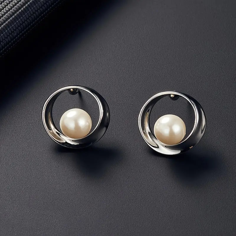 Faux Pearl Necklace & Round Earrings Set – Simple Unisex Jewelry Gift