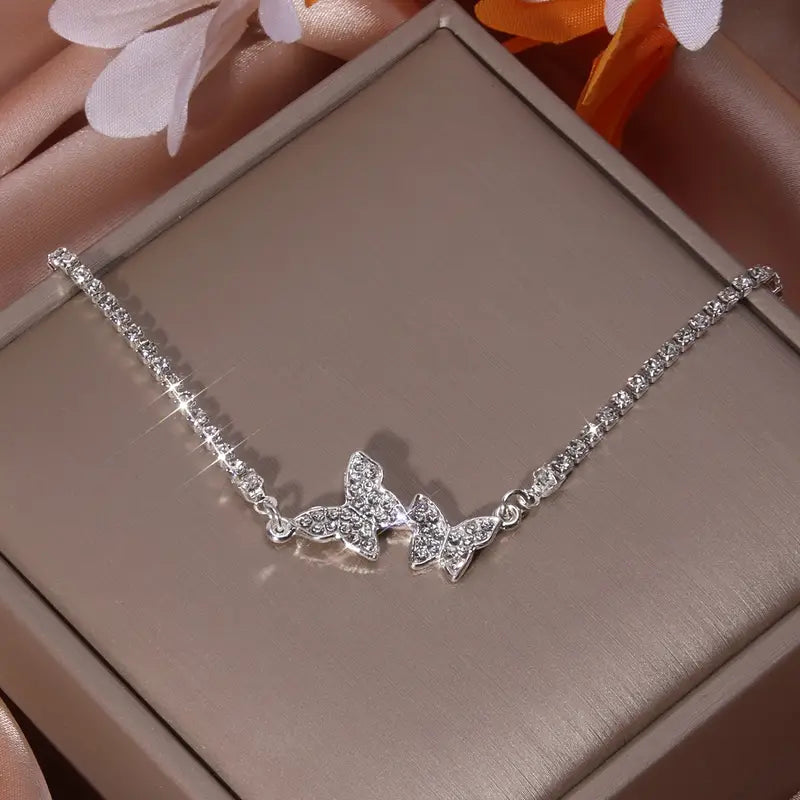 Silvery Butterfly Charm Bracelet – Sparkling Zircons, 1 Piece
