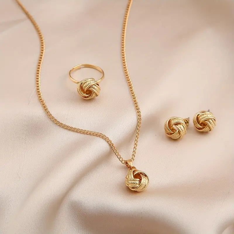 Vintage Boho Knot Jewelry Set – Ring, Earrings & Necklace for Women