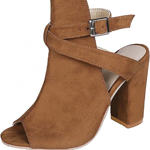 Women’s Chunky Block High Heels – Peep Toe Leather Suede Sandals for Party